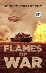Tank moving across a dusty landscape with a massive explosion and helicopter in the background - Flames of War book cover