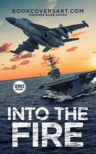 Premade military thriller book cover featuring a Boeing E/A-18G Growler jet flying over an aircraft carrier at sunset, ideal for military thrillers.