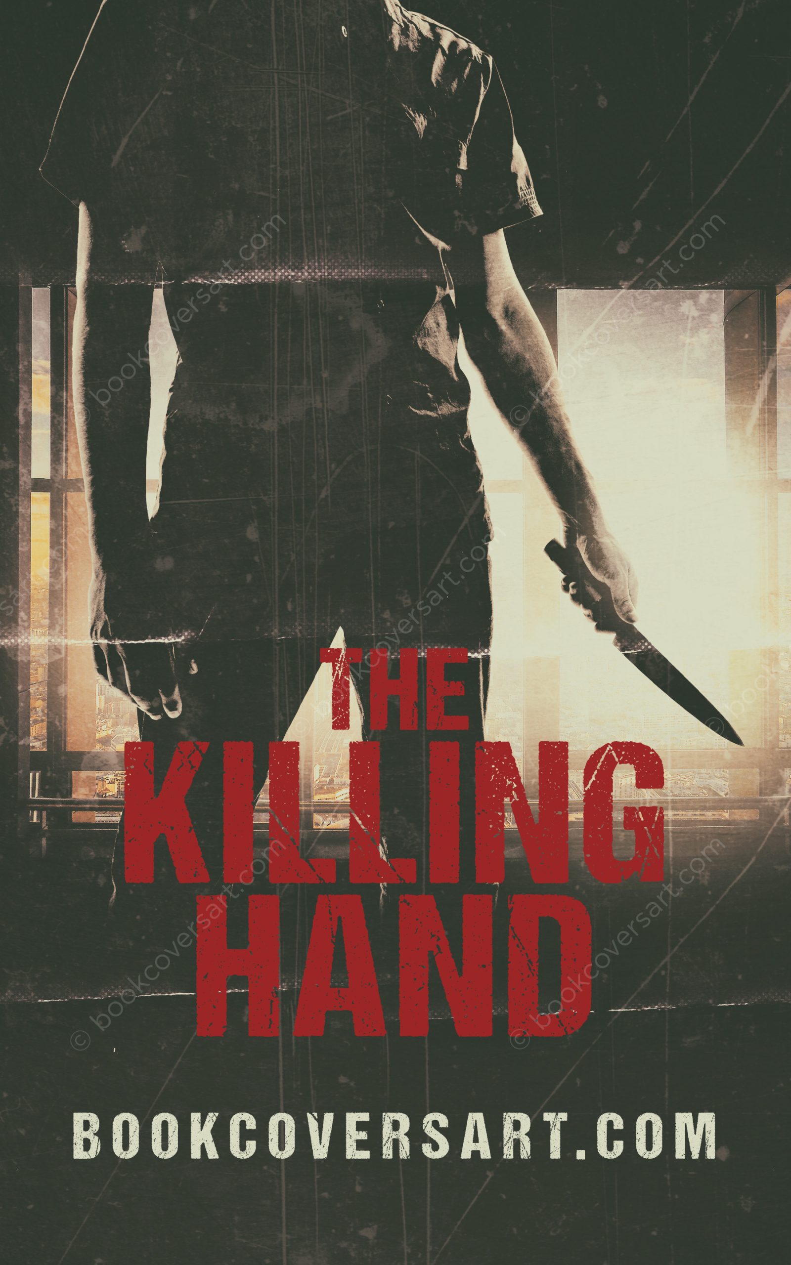 hadowy figure holding a knife in a dramatic cityscape for a thriller book cover