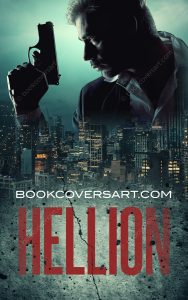 Thriller book cover featuring a silhouette of a man holding a gun with a dark cityscape background