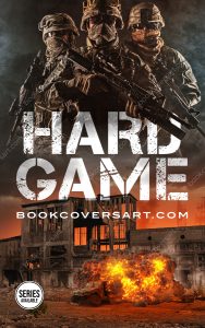 Premade military thriller ebook cover with soldiers in action, a burning vehicle, and a war-torn scene.