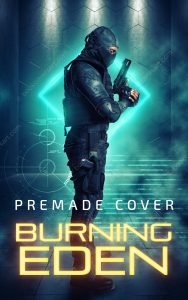 A cyberpunk ebook cover featuring a concealed figure in dark tactical gear holding a futuristic handgun, set against a backdrop of vibrant blue and teal digital patterns and binary code.