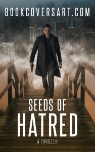 Thriller book cover featuring a person in a dark coat walking down a wooden staircase with a cityscape in the background, holding a gun