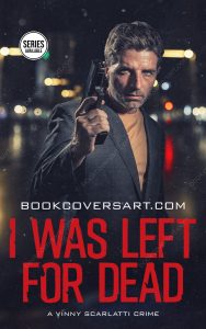 Premade crime thriller book cover featuring a man holding a gun with a city backdrop