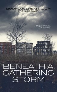 Mystery and thriller book cover featuring a dark, moody sky over modern buildings.