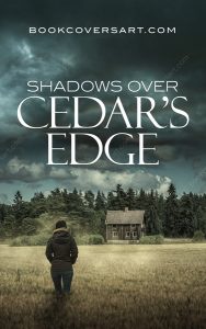 Mystery and thriller book cover featuring a solitary figure standing before an isolated house under a brooding sky.