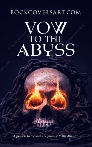Dark fantasy book cover featuring a skull with flaming eyes wrapped in chains against a dark background.