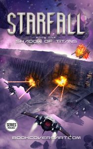 Military sci-fi book cover with a gigantic warship attacked by a fleet of smaller ships inside a nebula surrounded by an asteroid belt.