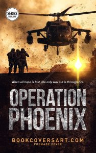 Military thriller book cover featuring soldiers and a helicopter on a fiery battlefield.