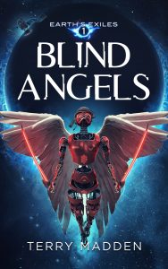 Blind Angels Sci-Fi Book Cover featuring a winged robot against a dark planet. Sci-Fi Book Cover