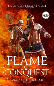 Historical fiction book cover featuring two Roman soldiers in battle against a fiery background