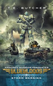 Digital illustration of a military sci-fi book cover with a giant mech and soldiers in a stormy swamp.