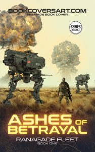 Futuristic military science fiction book cover with battle mechs and a lone soldier in a desolate landscape.