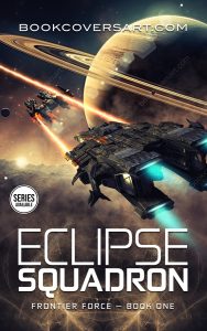 Space opera military sci-fi book cover featuring spacecraft in battle near a planet with rings.