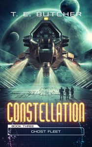 Digital illustration of a space opera sci-fi book cover featuring a futuristic spacecraft and distant planets