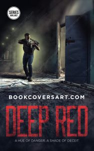 Premade thriller ebook cover featuring a dark corridor with an armed man approaching a partially open door.