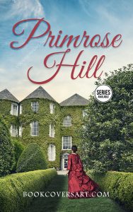 Premade Historical Romance Book Cover "Primrose Hill" featuring a woman in a red gown standing before a stately mansion.