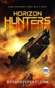 Premade space opera book cover featuring a futuristic spaceship navigating through a fiery cosmic landscape.