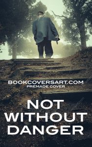 Crime book cover featuring a man with a gun walking up wooden steps in a misty forest