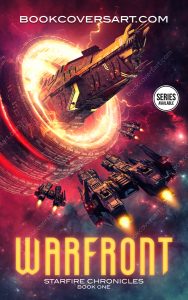 Premade military sci-fi book cover featuring a massive spaceship emerging from a glowing space ring with smaller ships flying in formation. Perfect for space opera and intergalactic warfare novels.