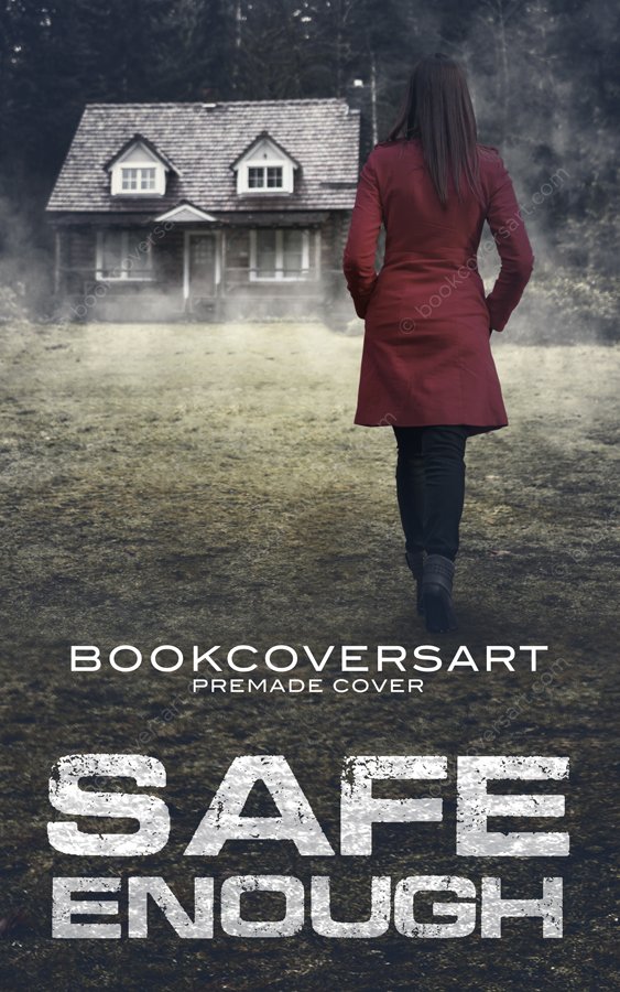 Mystery Thriller Premade Book Cover featuring a figure in a red coat walking towards a mist-shrouded house, creating a mysterious and eerie atmosphere.