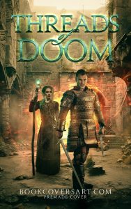 Fantasy book cover featuring a warrior in armor with a sword and a sorceress, or wizard, holding a glowing staff in a mystical stone ruin
