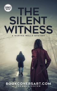 A pre-made mystery book cover featuring a woman in a red coat watching a man walk away into the fog on an empty road.