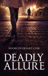 Romantic Thriller Book Cover – A mysterious figure follows a woman in an atmospheric, dimly lit street, perfect for romantic suspense and mystery novels.
