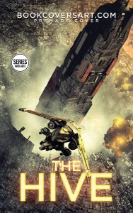 A futuristic spaceship flies over a dystopian city with a massive structure looming in the background.