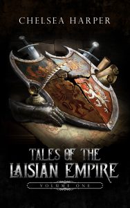 Illustrated fantasy book cover design featuring a shield, swords, and scrolls, created by Ivan Zann for Chelsea Harper.