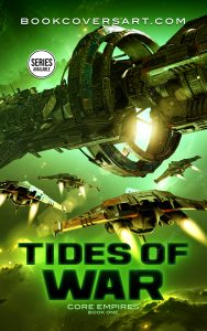 Military sci-fi book cover featuring a starship and fighter jets with a green space background.
