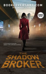 Premade book cover of a female spy in a red coat walking under a bridge in a dark, foggy cityscape.