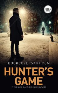 Premade thriller book cover featuring a man in a dark coat facing another figure in a snowy night scene.