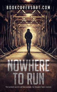 Thriller book cover featuring a person walking down a dimly lit, industrial-looking corridor or bridge, wearing a hooded jacket and jeans, walking towards a bright light at the end