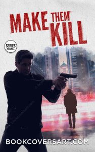 Premade action thriller book cover with a man holding a gun, urban cityscape, and a shadowy silhouette in the background.