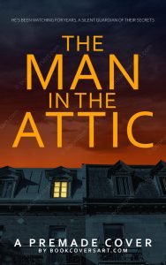 premade suspense thriller ebook cover featuring a lit attic window and bold orange title, The Man in the Attic. Ready for self-publishing on KDP