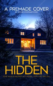 Premade Domestic thriller cover featuring an illuminated house against a twilight sky, perfect for mystery and suspense novels. Great for self-publishing authors on KDP and IngramSpark