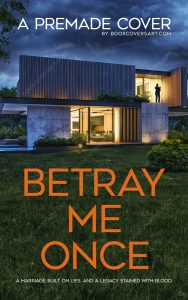 A premade domestic thriller cover featuring a modern luxury home at night with a shadowy figure on the balcony, creating a sense of intrigue and suspense. Tailored for indie authors and the self-publishing market