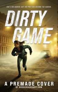 Premade espionage thriller book cover showing a woman sprinting through a foggy urban street with a car chasing in the background. ideal for self-publishing authors.