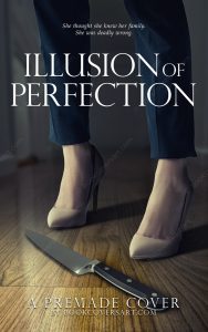 A premade domestic thriller cover showing high heels and a knife on a wooden floor, perfect for domestic thrillers. and self-publishing authors on KDP and IngramSpark