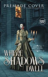 premade gothic romance book cover featuring a Victorian woman holding a candelabra in front of a mysterious manor. Great for self-publishing authors on KDP and IngramSpark.