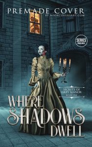 premade gothic romance book cover featuring a Victorian woman holding a candelabra in front of a mysterious manor. Great for self-publishing authors on KDP and IngramSpark.