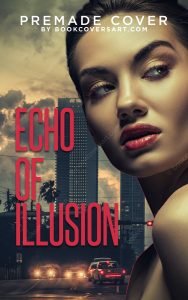 premade romantic thriller cover featuring a dramatic cityscape, palm trees, and cars with a bold red title "Echo of Illusion". Great for self-publishing authors on KDP and IngramSpark.