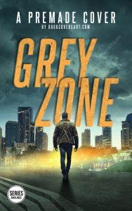 Premade spy thriller book cover featuring a man walking towards a glowing city under a stormy sky. Made for self-publishing authors.