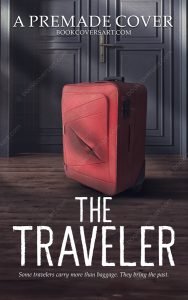 A worn red suitcase in front of a closed, dark-colored door, creating an air of suspense and mystery. A great premade thriller cover, ideal for self-publishing authors.