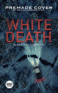 A premade suspense thriller cover featuring a snowy forest, a vehicle with headlights, and footprints leading away, perfect for survival thrillers. Ideal for self-publishing authors.
