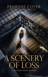 Premade mystery thriller book cover featuring a staircase with a lone figure and dramatic lighting. Ideal for self-publishing authors on KDP and IngramSpark.