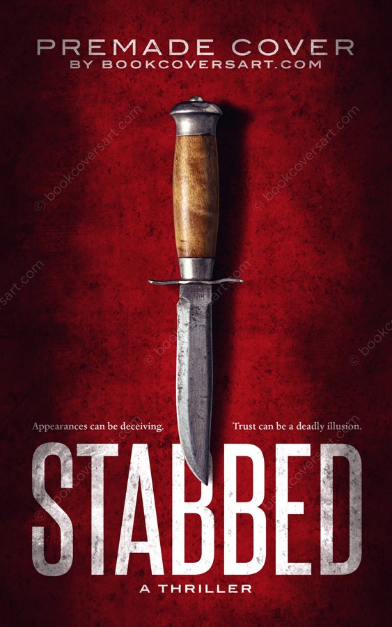 The Premade Psychological Thriller Cover "Stabbed" features an old knife with a wooden handle on a vibrant red background, creating a grunge and suspenseful atmosphere. Ideal for indie authors on KDP and IngramSpark.