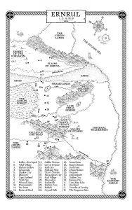 Detailed black and white fantasy world map of Ernrul from "The Dark Legacy" series by Kyle Belote, featuring mountains, plains, rivers, cities, and other geographical features, designed by Ivan Zann at bookcoversart.com.