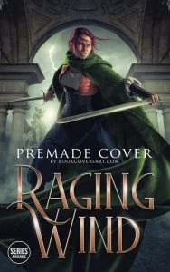 Epic fantasy book cover Raging Wind, featuring a warrior woman with swords and a stormy backdrop.